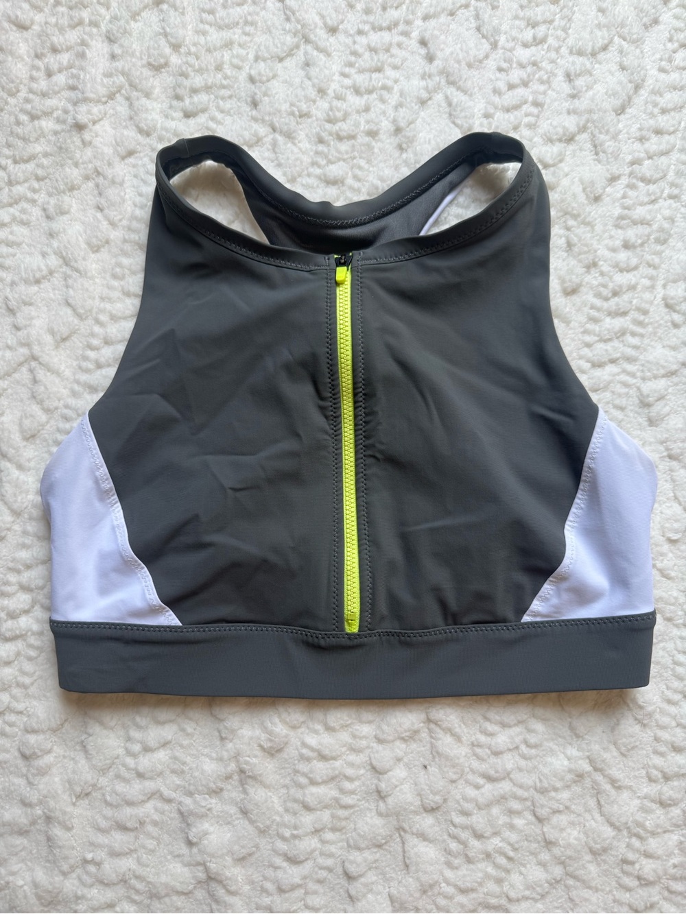 Athleta High Neck Zip Bikini Top Gray White Neon Yellow Swim Size Small